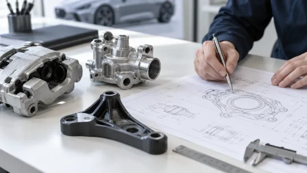 Automobilske komponente i tehnički crtež na radnom stolu