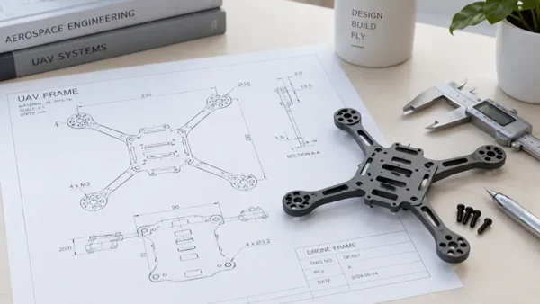 Tehnički crtež drona i precizni metalni delovi za dron na radnom stolu